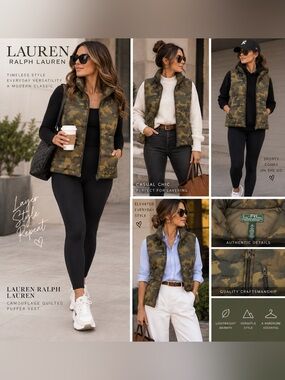 Lauren Ralph Lauren Camouflage Quilted Puffer Vest in Olive and Dark Green